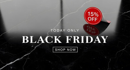 Today Only Black Friday Promotion Banner Design with Fifteen Percent Discount Sticker Against Luxurious Black Marble Background