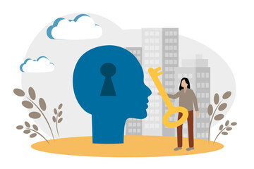 Head, keyhole and key. The concept of solving psychological problems, access to the subconscious and memories. Brainstorming