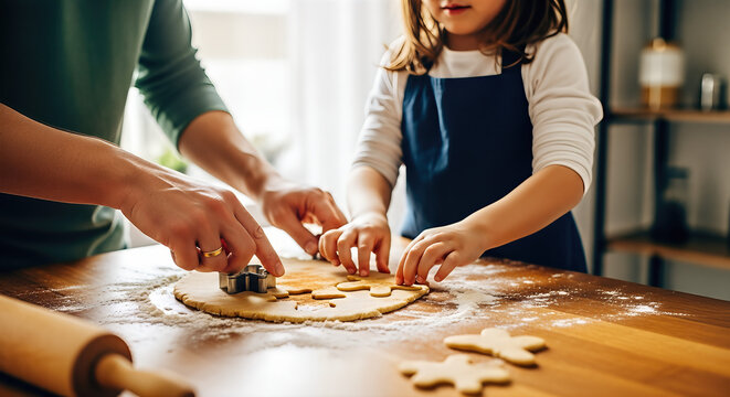 Girl and adult making gingerbread cookies with cutters, Christmas fest activity.