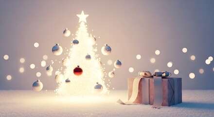 A sparkling Christmas tree made of light particles, adorned with ornaments and a star, next to a beautifully wrapped gift box on a soft, glowing surface.