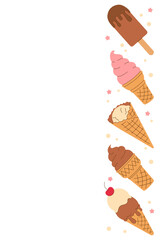 Background with chocolate, vanilla, strawberry ice cream in waffle cone and cup, empty white textbox, frame for advertising, signboard, menu. Isolated hand drawn flat summer vector EPS10