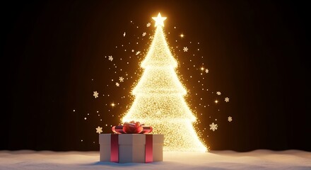 A luminous golden Christmas tree with a sparkling star and glowing particles stands beside a festive gift box on a snowy surface.
