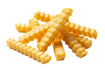 A pile of golden brown crinkle cut french fries isolated on transparent background