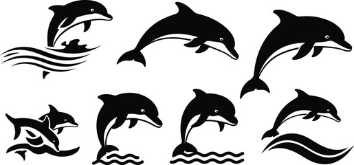 Set of nine dynamic dolphin silhouettes jumping over ocean waves. Vector illustration collection of aquatic mammal icons for logo design and graphic elements