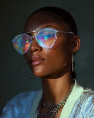 Futuristic holographic sunglasses featuring tinted lenses, perfect for adding a stylish touch to any outfit.