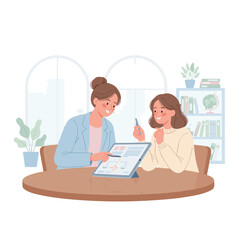 Two Women Collaborating Over Documents at a Table in a Brightly Lit Room With Bookshelf and Plants