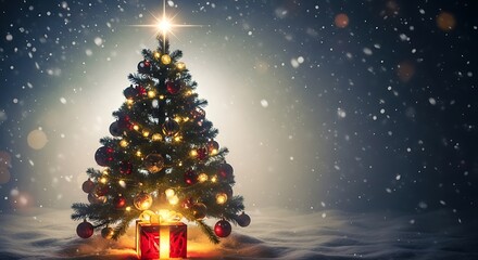 A beautifully decorated Christmas tree with glowing lights and a star, surrounded by falling snow and a radiant gift.