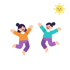 Two young girls jumping for joy under a smiling sun in a flat design illustration with orange and teal tops and purple pants celebrating a sunny day