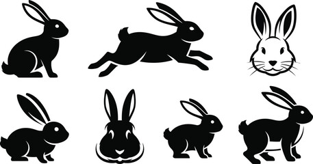 Collection of black rabbit and bunny silhouettes in various poses. Set of vector graphic icons and logo design elements isolated on white
