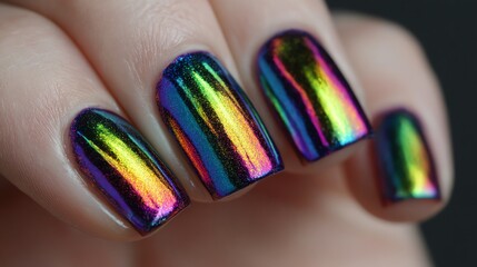 Stunning holographic nails shimmering with rainbow colors, perfect for showcasing unique nail art designs and trends.