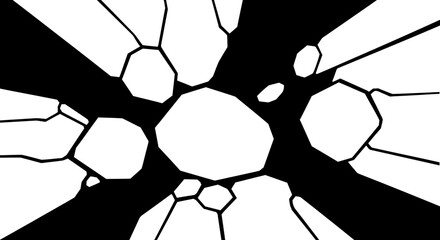 Obraz premium Abstract black and white image of shattered stone fragments radiating outwards.