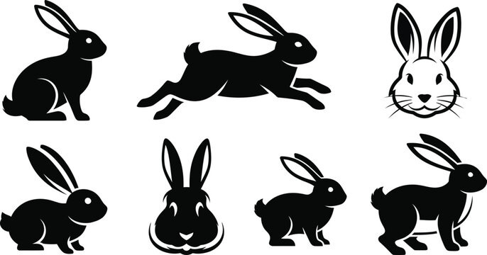 Collection of black rabbit and bunny silhouettes in various poses. Set of vector graphic icons and logo design elements isolated on white