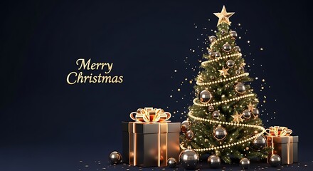 A beautifully decorated Christmas tree with golden ornaments and a star, surrounded by elegantly wrapped gifts, set against a dark background with "Merry Christmas" text.