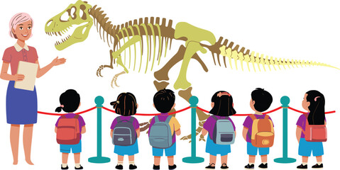 Teacher guiding group of school children visiting dinosaur skeleton exhibit in science museum, educational field trip learning about prehistoric fossils