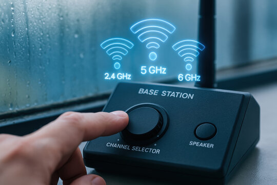 Finger adjusting channel selector on base station with wireless technology signals representing emergency communication frequencies