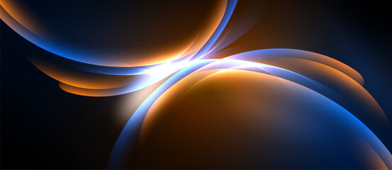 Abstract flowing shapes, vibrant orange, blue hues. Light streaks create dynamic energy, dark background emphasizes luminosity.