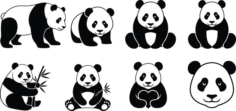 Collection of cute panda bear vector illustrations in different poses. Set of eight black and white animal logos, icons, and mascot graphics