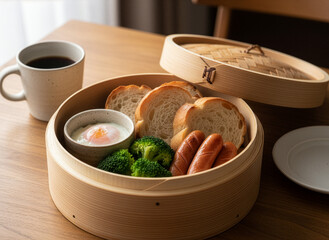 日本の朝食　竹製せいろで蒸したパンと卵とソーセージ　丁寧な暮らしとネオ和食の食卓