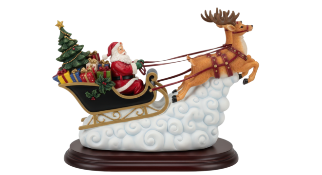 Santa claus and reindeer sleigh flying with gifts christmas tree isolated on transparent background