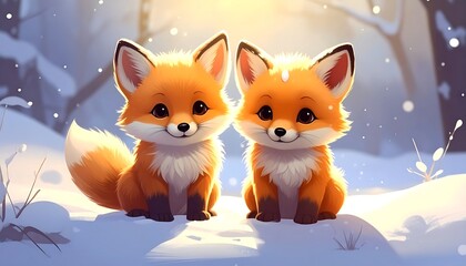 Obraz premium Two adorable fox cubs sit side-by-side in the snow, basking in a warm, ethereal glow within a snowy forest