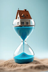 a miniature house floating inside an hourglass filled with blue sand