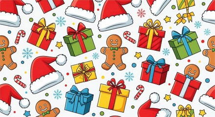 Festive Christmas holiday seamless pattern. Cute cartoon background with gingerbread men, Santa hats, presents, and candy canes