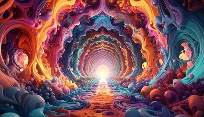 Swirling vortex of vibrant, fluid abstract shapes, radiating from a central light source in a tunnel-like perspective