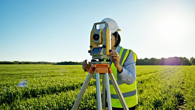 Female Surveyor Using Total Station in Field, Measuring Land