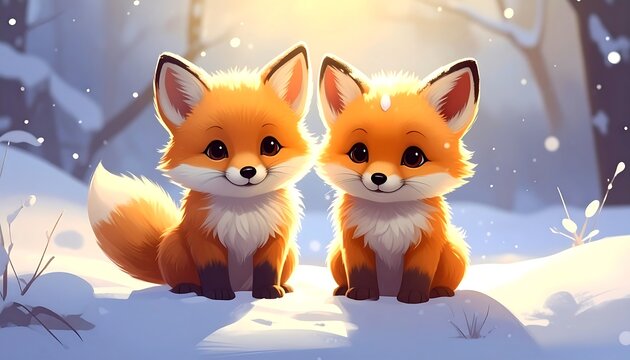 Two adorable fox cubs sit side-by-side in the snow, basking in a warm, ethereal glow within a snowy forest - Powered by Adobe