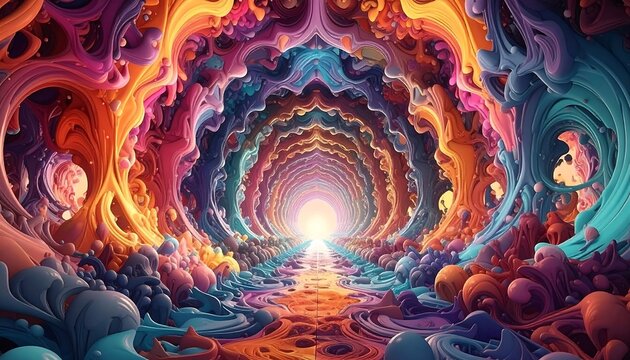 Swirling vortex of vibrant, fluid abstract shapes, radiating from a central light source in a tunnel-like perspective
