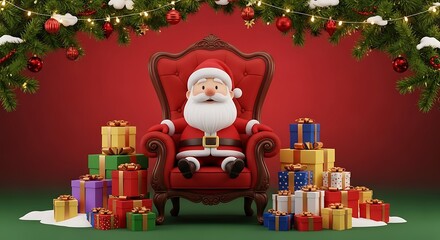 A cheerful 3D Santa Claus sits on a grand red chair surrounded by numerous colorful Christmas gifts under festive garland.
