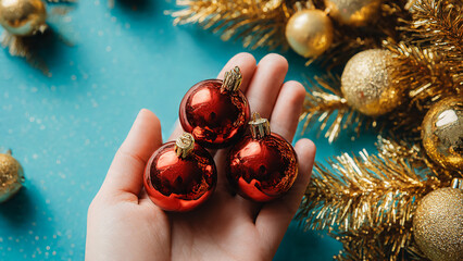 Main de femme tenant des boules de noël