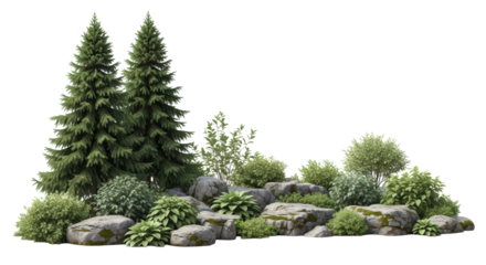 Conifer trees, shrubs, and mossy rocks creating a garden cluster isolated on transparent background