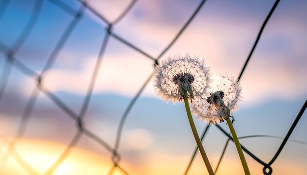Two dandelions behind a fence, sunset sky softly blurred in background. Delicate nature and serene, peaceful scene