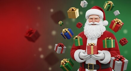 Jolly Santa Claus holding a festive gift with many colorful presents floating around him against a vibrant red and green background.