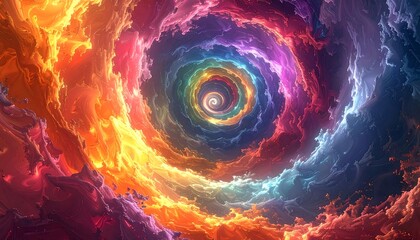Swirling vortex of vibrant rainbow colors, reminiscent of nebulae or abstract clouds, spiraling inward