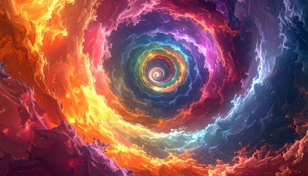 Swirling vortex of vibrant rainbow colors, reminiscent of nebulae or abstract clouds, spiraling inward