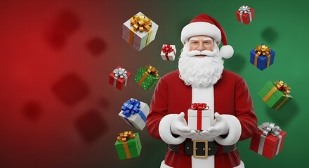 Santa Claus smiling and holding a small Christmas gift with many colorful presents floating around him on a festive red and green background.