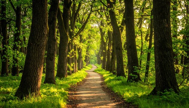 A sun-dappled path winds through a towering avenue of trees. Lush greenery and dappled sunlight create a serene forest scene
