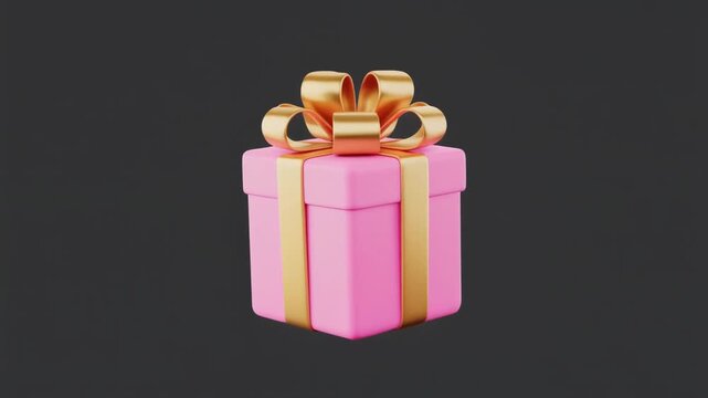  3d animation pink gift box with gold ribbon. Cartoon render icon of closed package with 