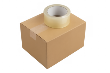 Cardboard box with packing tape, symbolizing shipping, delivery, moving, and merchandise packaging