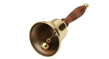 Polished brass hand bell with elegant wooden handle and clapper isolated on transparent background