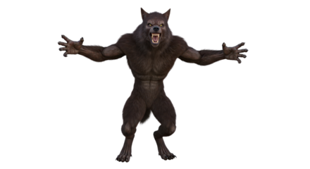 Ferocious werewolf beast standing baring teeth with open arms isolated on transparent background