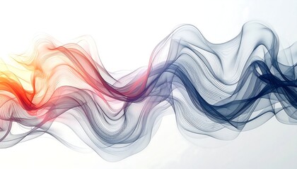 Swirling waves of red-orange transitioning to blue-grey create an ethereal, abstract smoke-like effect on white background