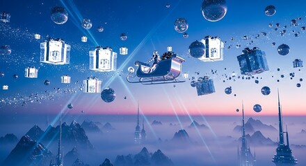 A magical sleigh flying through a luminous twilight sky, surrounded by glowing gifts and spheres above misty, futuristic peaks.