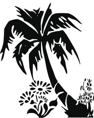 silhouette of palm tree and vector of tree and flowers plants