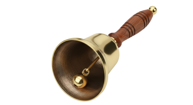 Polished brass hand bell with elegant wooden handle and clapper isolated on transparent background