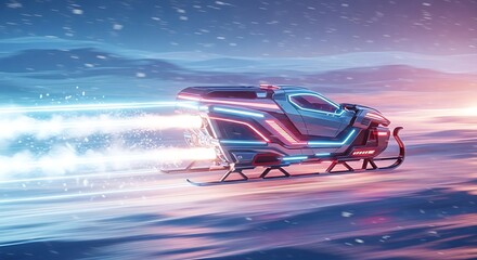 A high-tech, glowing sleigh with vibrant neon accents races across a vast, snow-covered landscape, leaving a luminous trail in its wake.