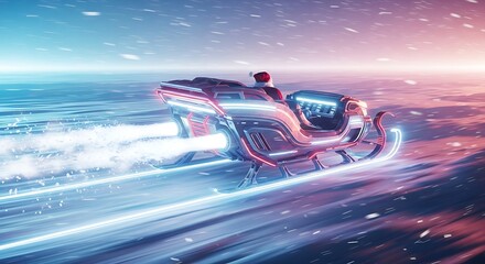 Sleek, glowing futuristic sleigh with jet engines speeding through a blurred, snowy winter wonderland.