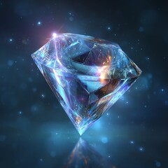 A stunning holographic diamond floats effortlessly in a luminous space filled with vibrant light and cosmic energy.